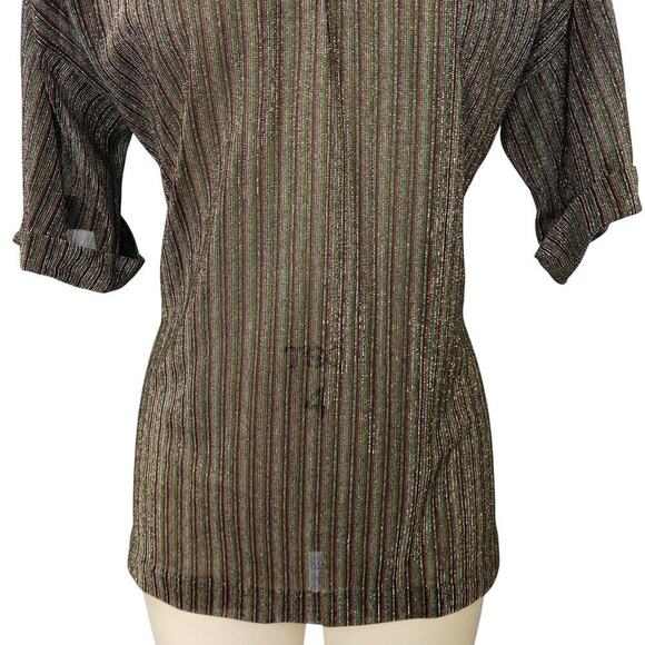 Vintage 70s Metallic Top Size M Black Stripe Disco Short Sleeve With It Shimmer - Picture 3 of 9